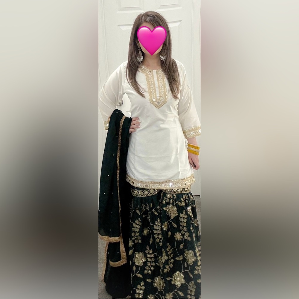 White and Green Gharara Set - 3 Piece - Size 42